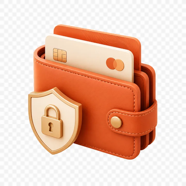 An orange wallet protected by a shield and padlock
