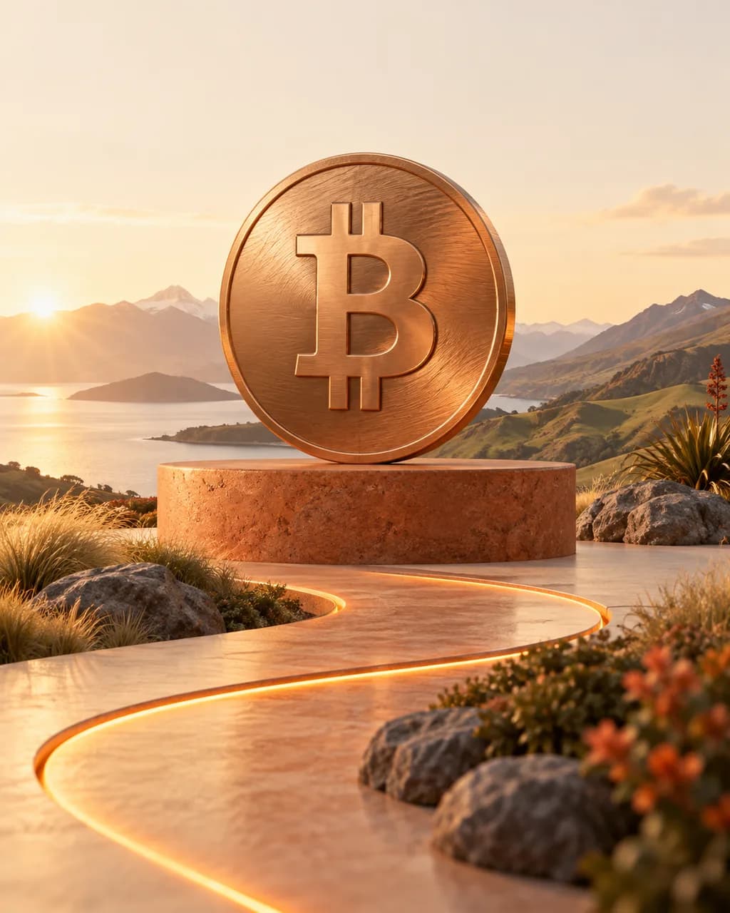 Illustration of a copper Bitcoin medallion above New Zealand hills and an amber pathway