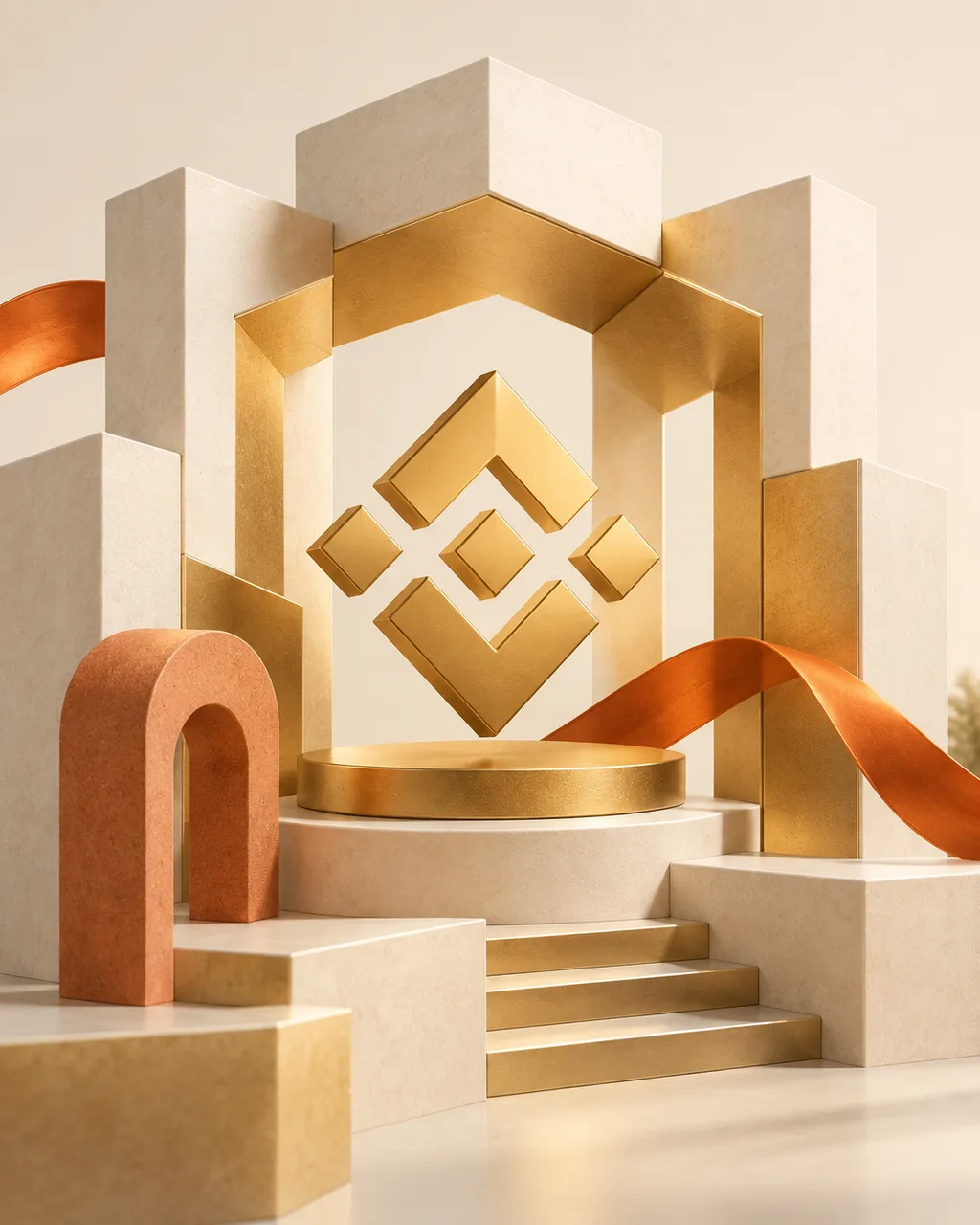 Illustration of a golden BNB emblem among geometric architectural blocks