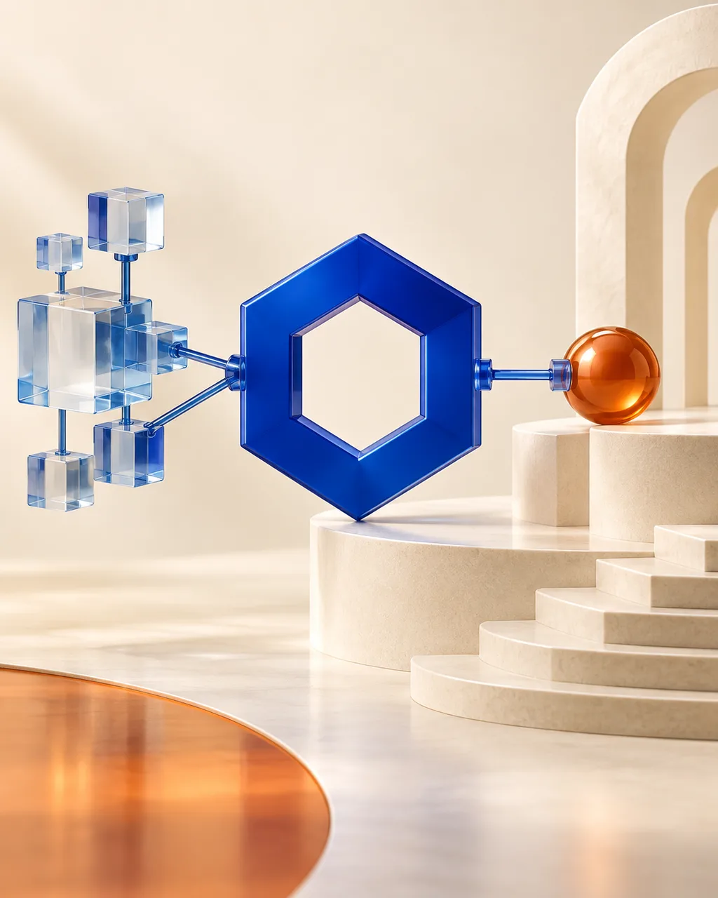 Illustration of a blue Chainlink hexagon connecting glass cubes and an ivory platform
