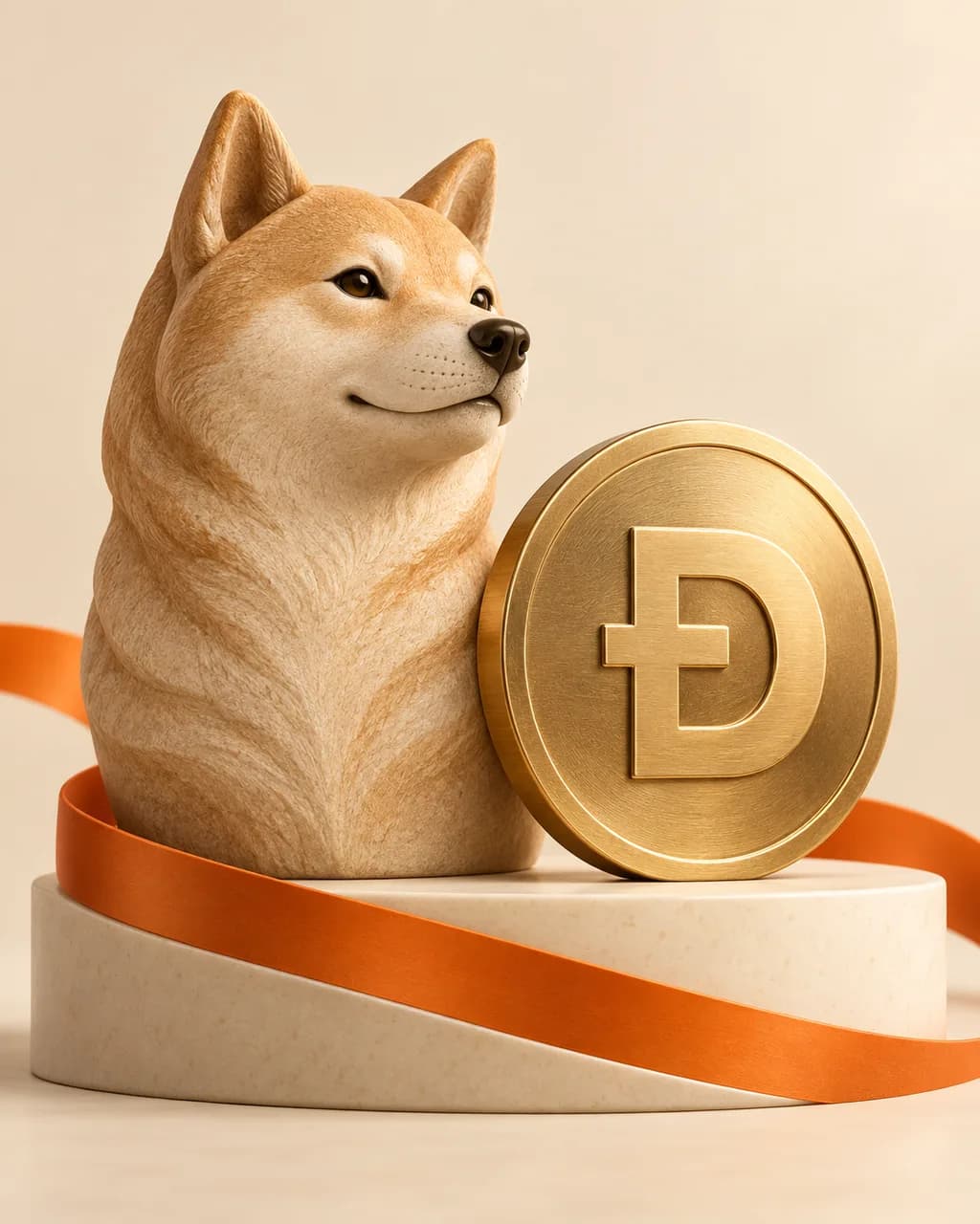 Illustration of a ceramic Shiba Inu beside a brass Dogecoin medallion