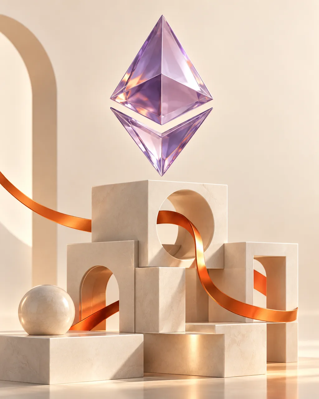 Illustration of a lilac Ethereum diamond above connected ivory structures