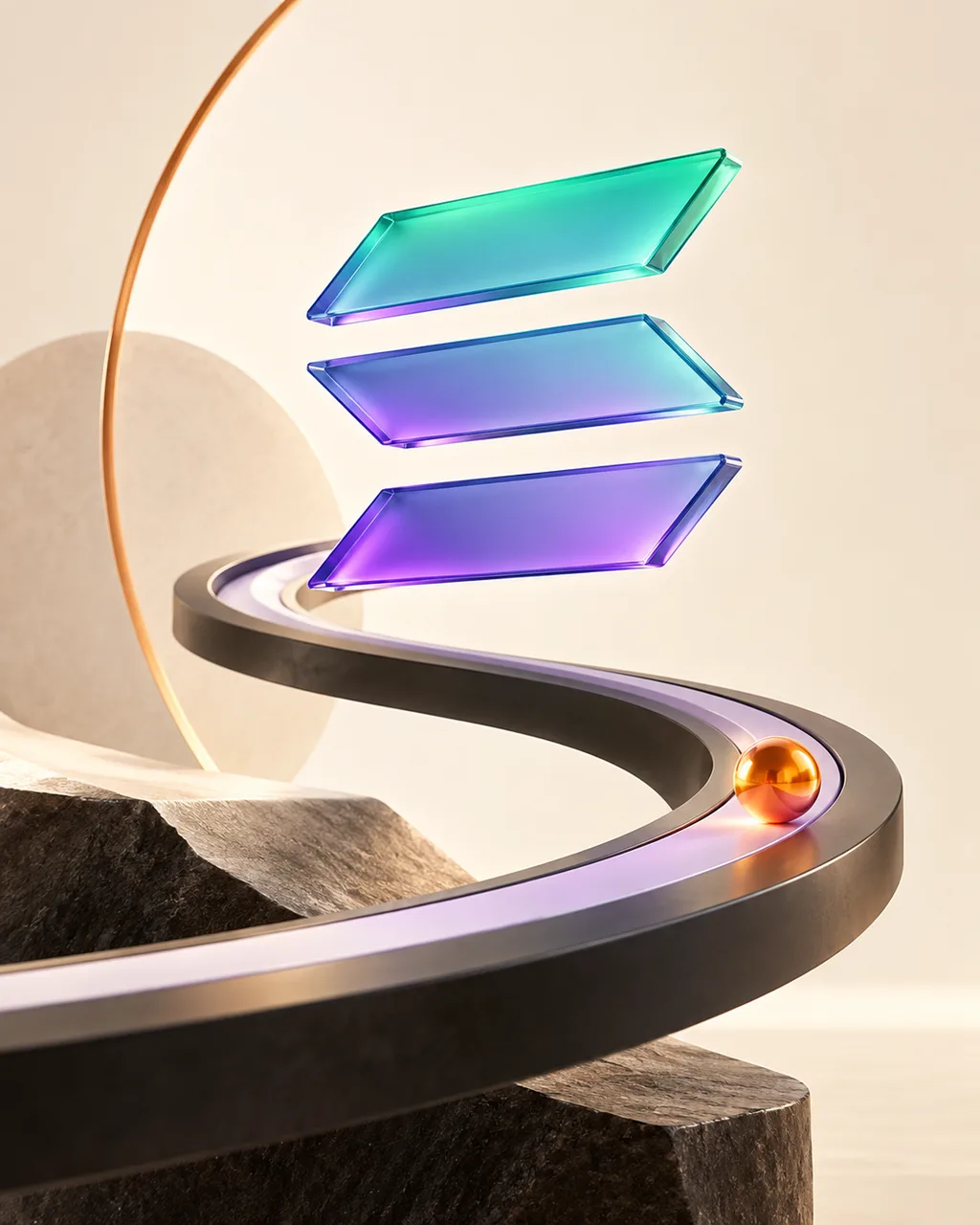 Illustration of mint and violet Solana bars above a curved track
