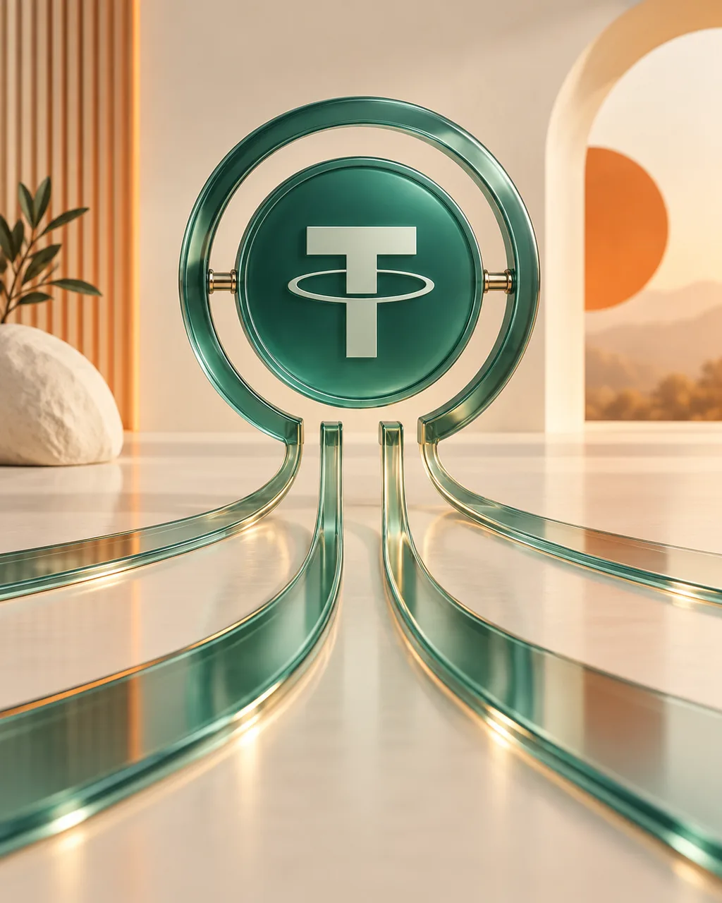 Illustration of a teal Tether medallion with four branching glass paths