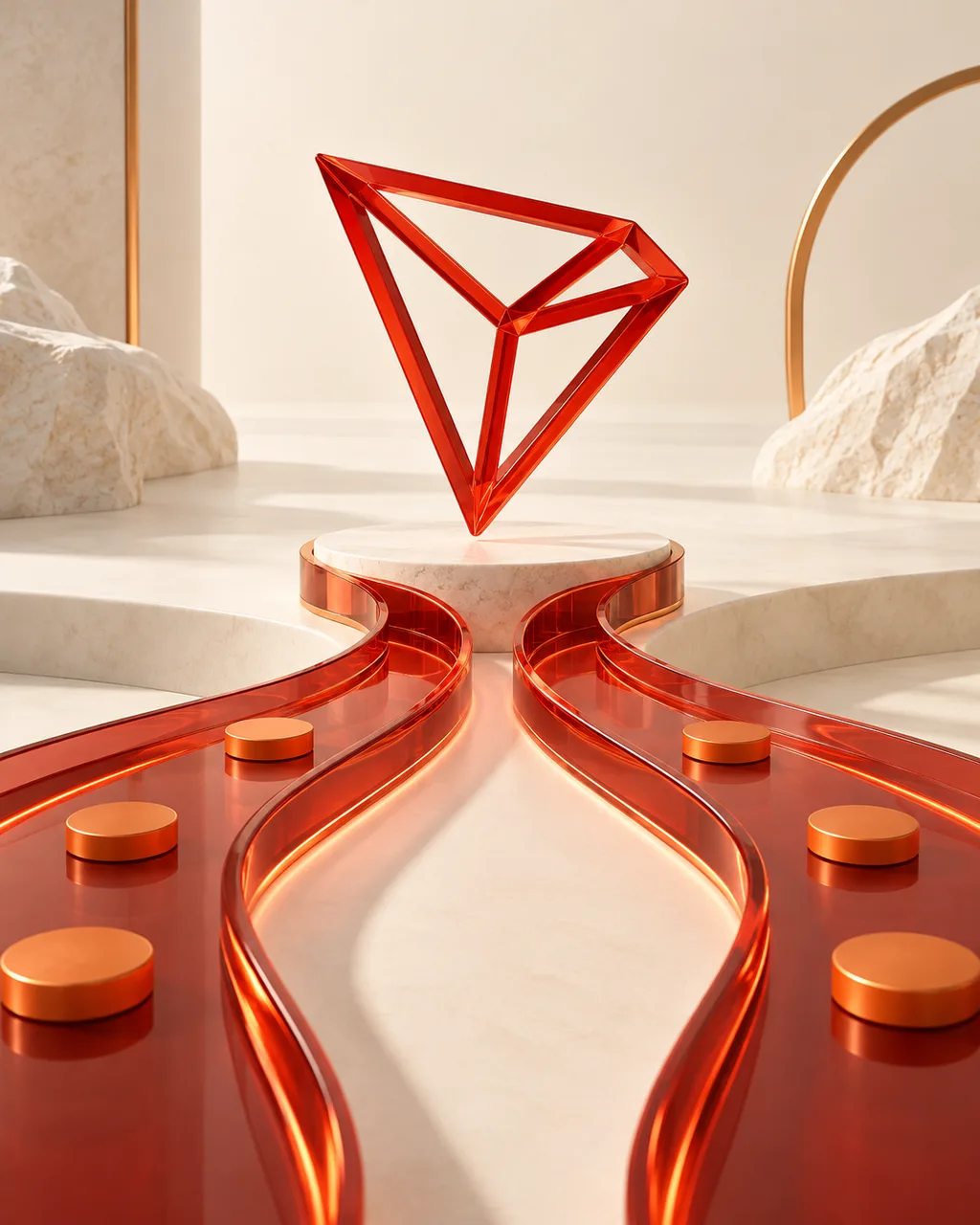 Illustration of a red TRON emblem above branching glass channels