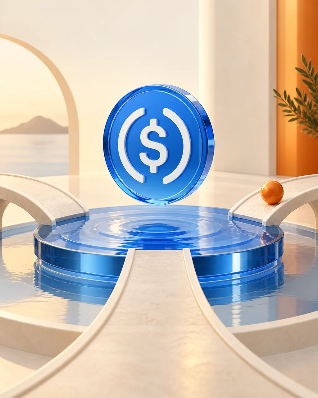 Illustration of a blue USDC medallion above circular glass platforms