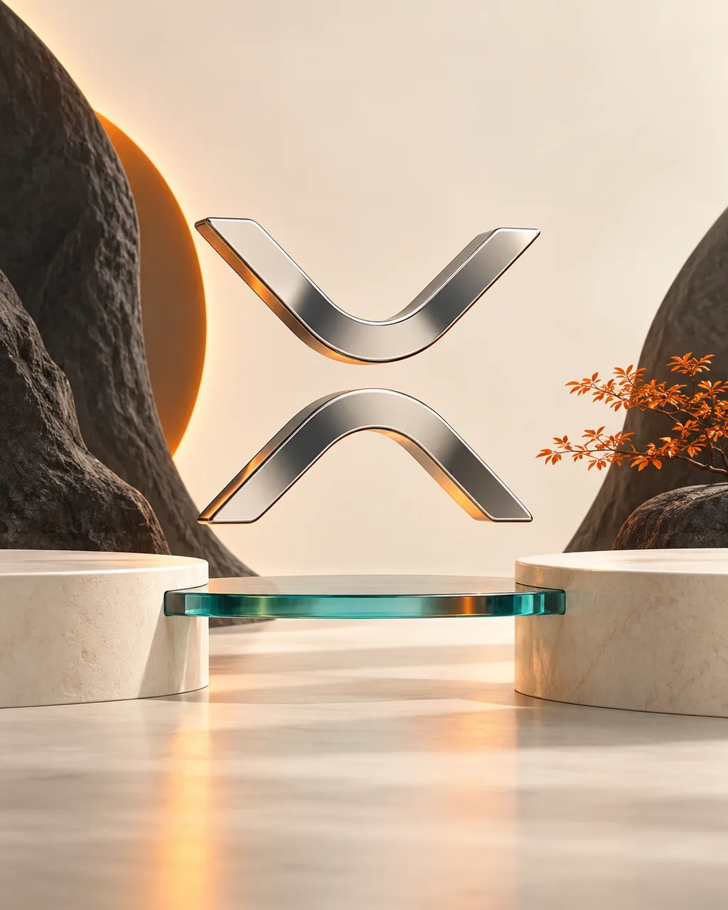 Illustration of a silver XRP emblem above a turquoise bridge