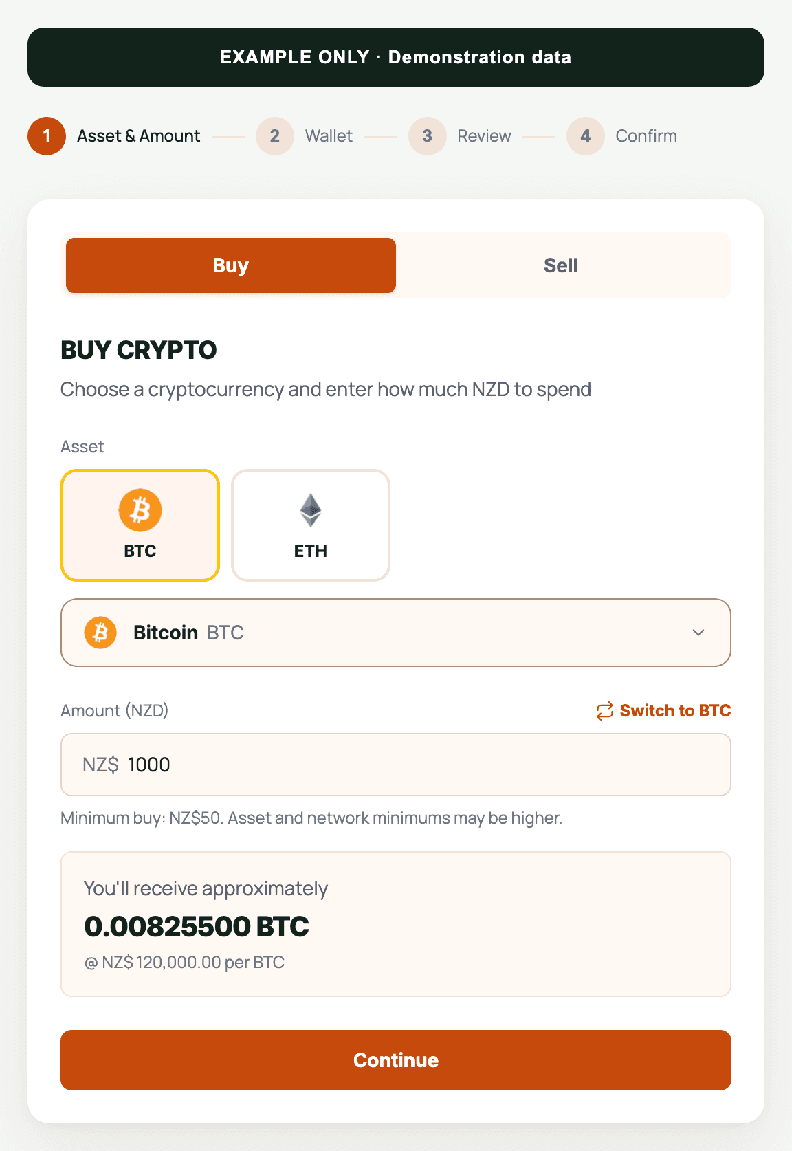 EXAMPLE ONLY: Flow Crypto Bitcoin buying screen with demonstration quote data