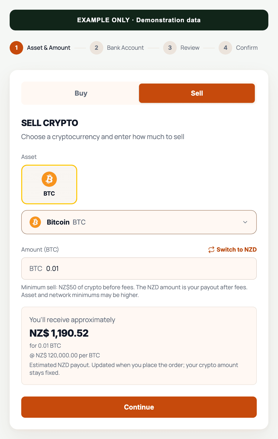 EXAMPLE ONLY: Flow Crypto Bitcoin selling screen with synthetic NZD payout data