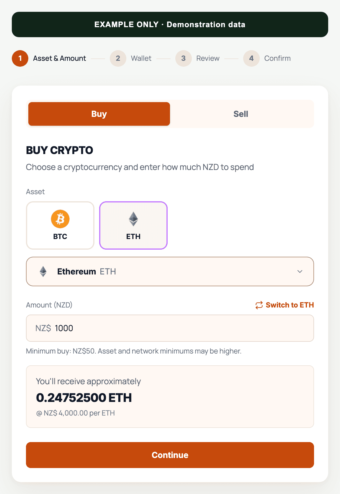 EXAMPLE ONLY: Flow Crypto Ethereum buying screen with demonstration quote data