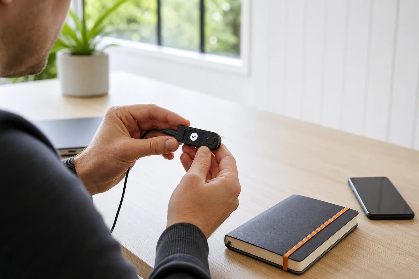 A person checking an unbranded hardware wallet at a bright home desk