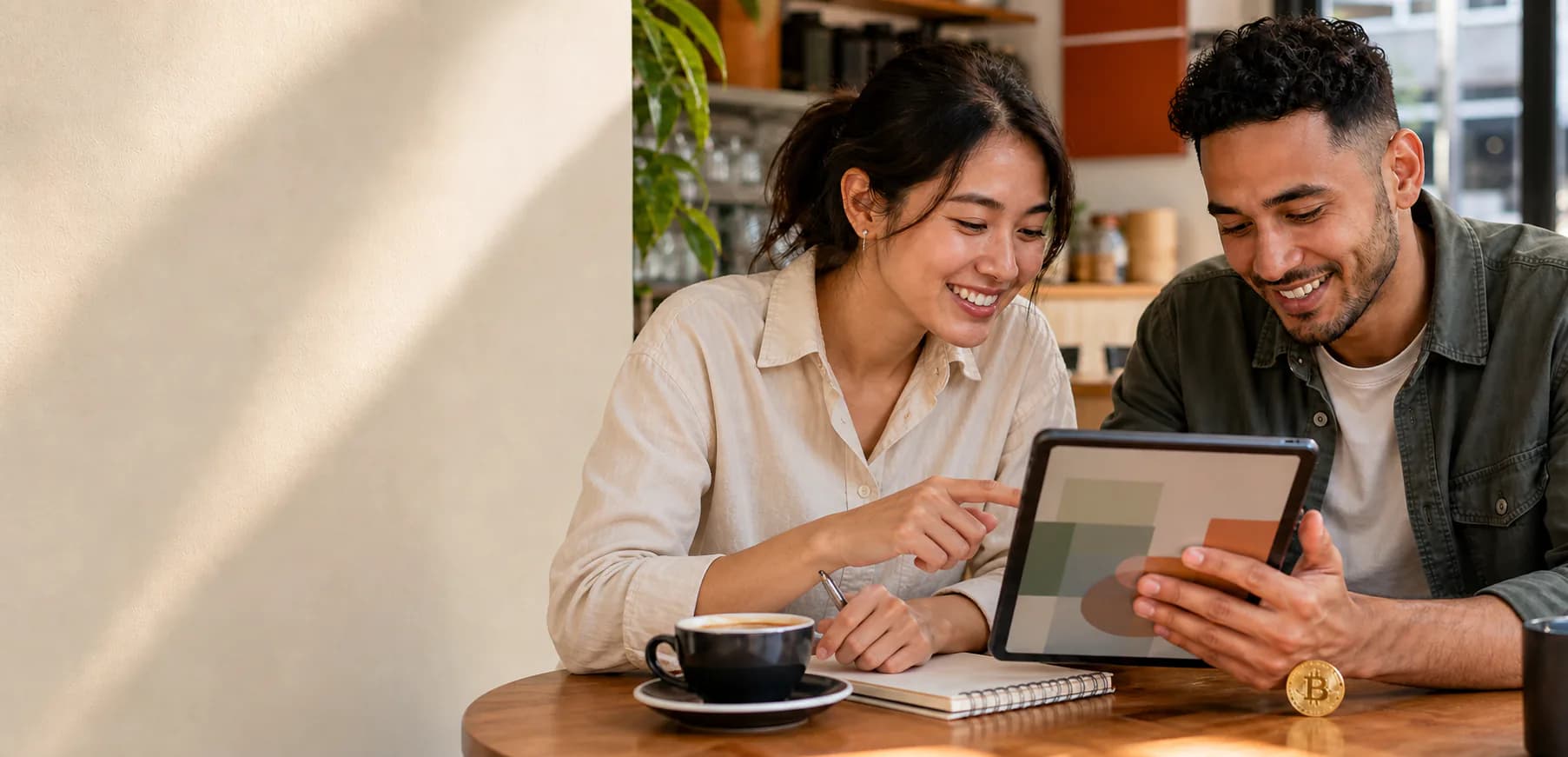 Two people learning about crypto together at a cafe