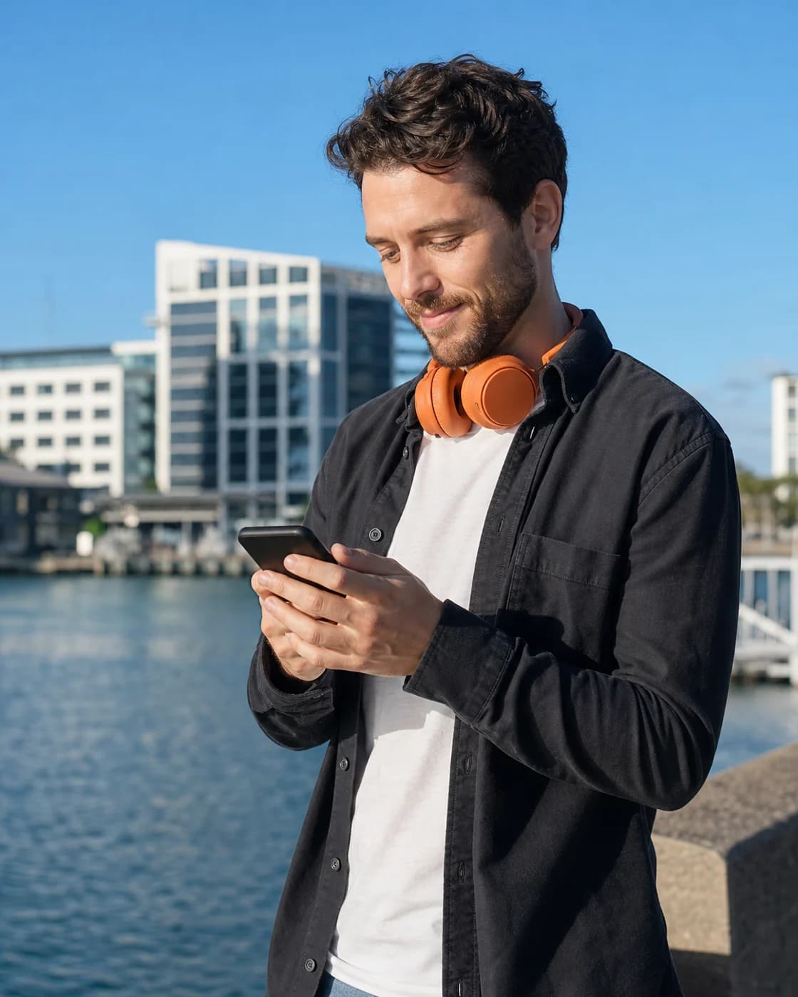 A person at a New Zealand waterfront reviewing a smartphone