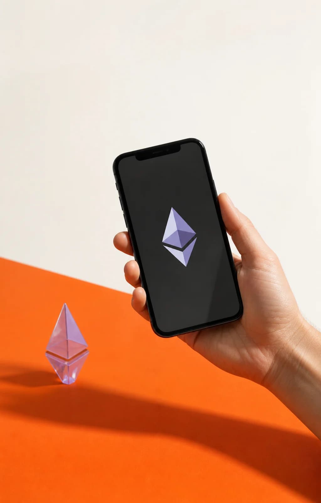 A hand holding a phone displaying the Ethereum symbol above a bright orange surface
