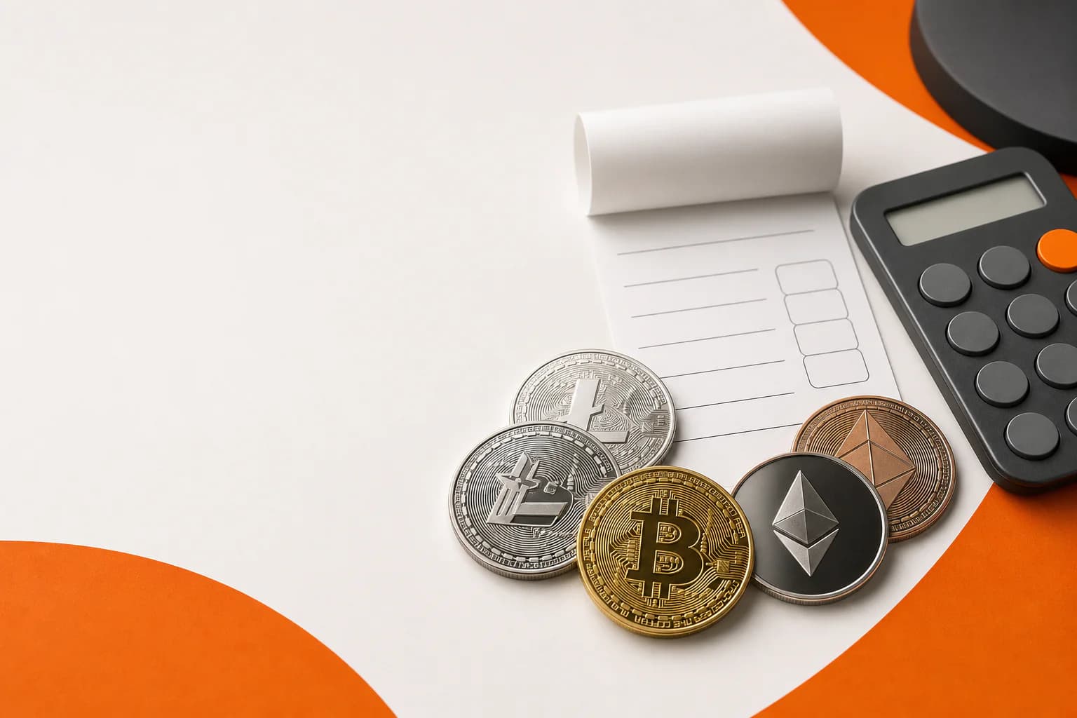 Crypto coins beside a calculator and a pricing worksheet