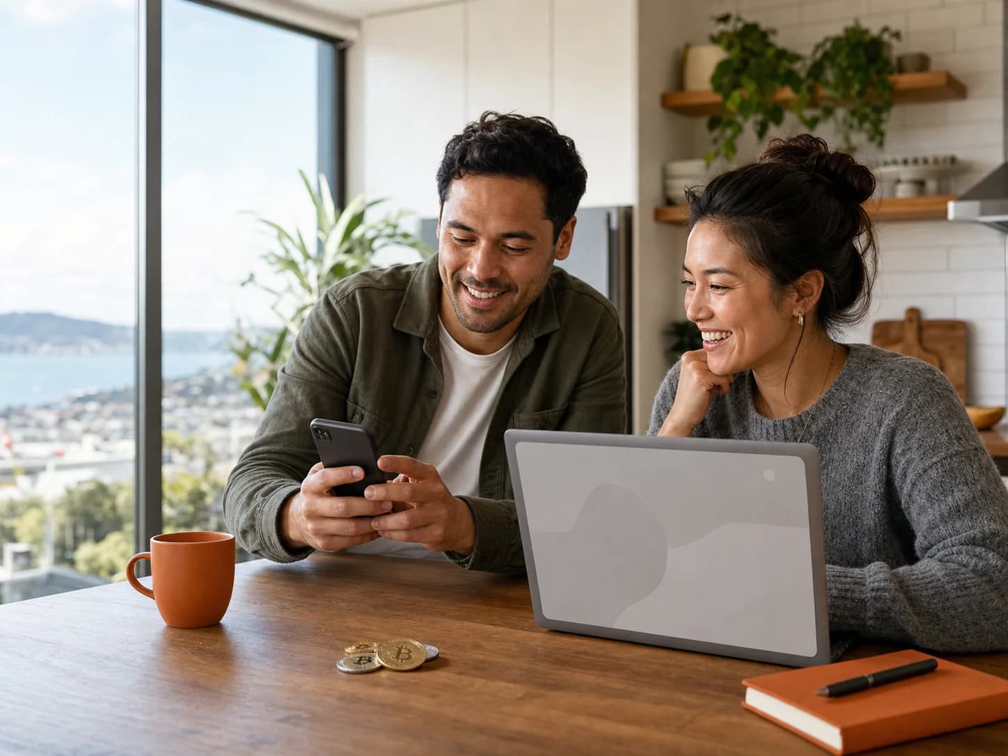 A smiling couple reviewing a crypto order together at their kitchen table