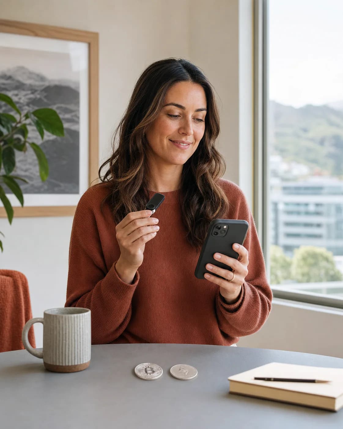 A person checking a hardware wallet while reviewing a phone